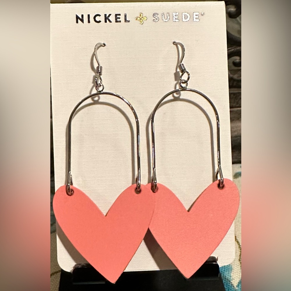Nickel and Suede Coral Kiss Heart Earrings.